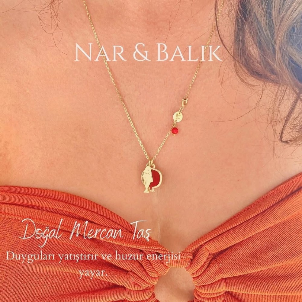 Nar & Balık Doğal Nazar Taşı Mercan Kolye | 925 Gümüş