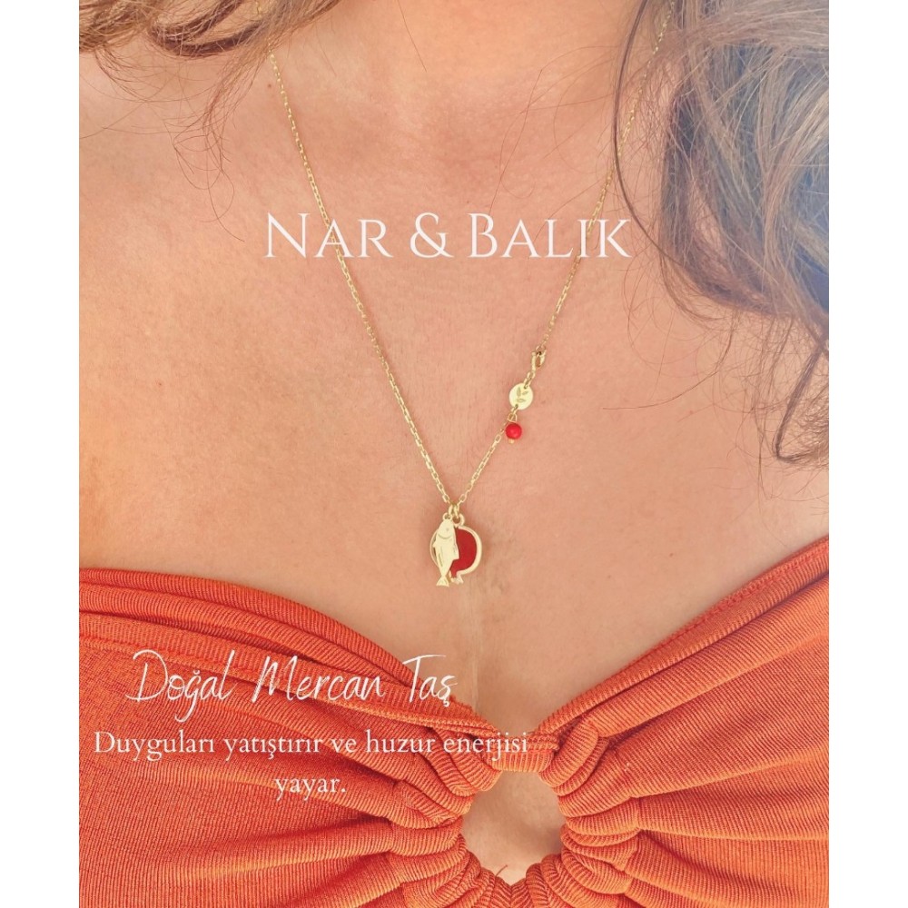 Nar & Balık Doğal Nazar Taşı Mercan Kolye | 925 Gümüş Nar & Balık Doğal Nazar Taşı Mercan Kolye | 925 Gümüş