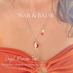 Nar & Balık Doğal Nazar Taşı Mercan Kolye | 925 Gümüş
