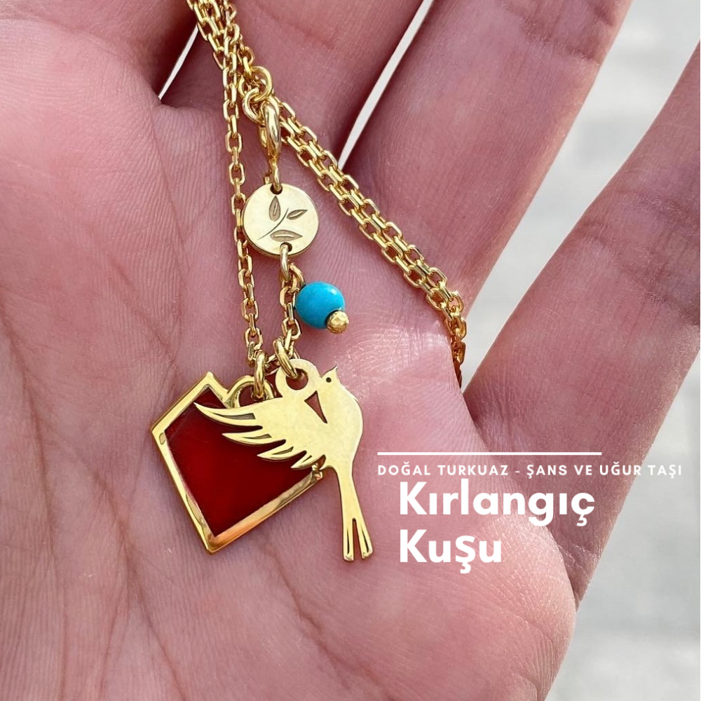 Kalp & Kırlangıç Kuşu Doğal Şans Taşı Kolye | 925 Gümüş