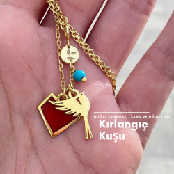 Kalp & Kırlangıç Kuşu Doğal Şans Taşı Kolye | 925 Gümüş